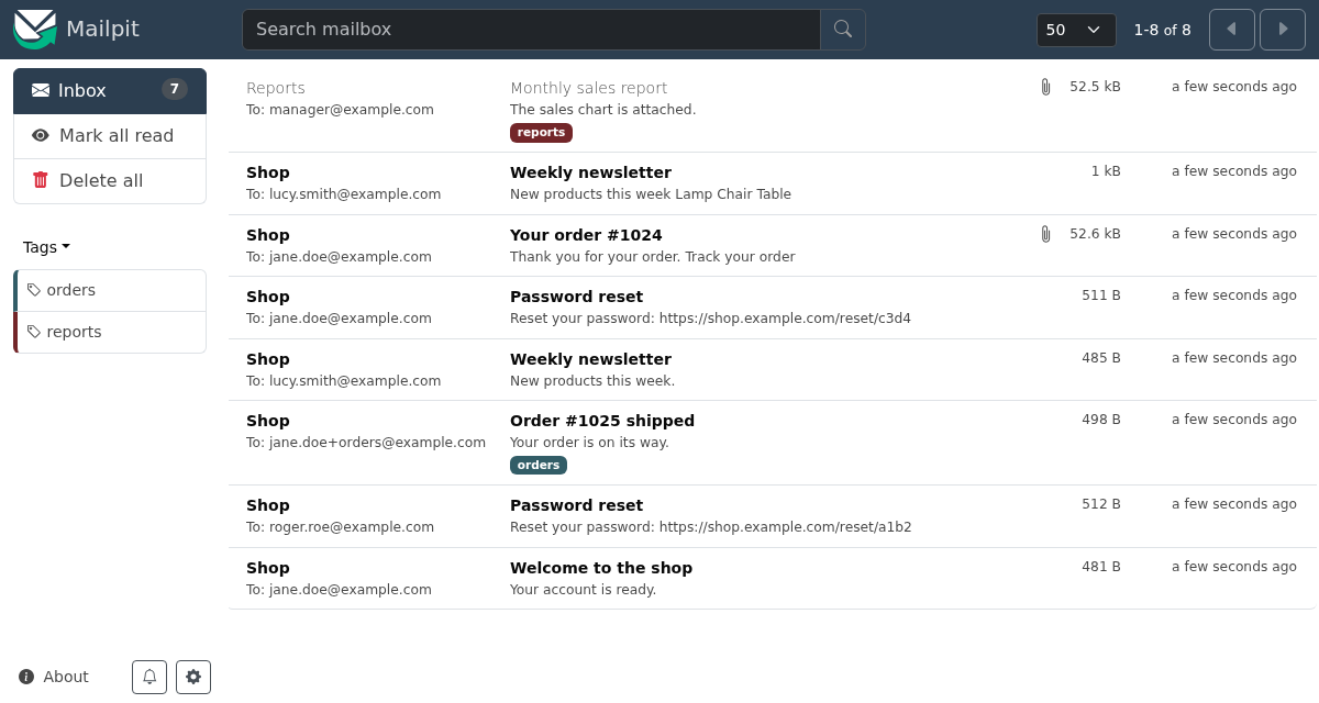Mailpit web interface